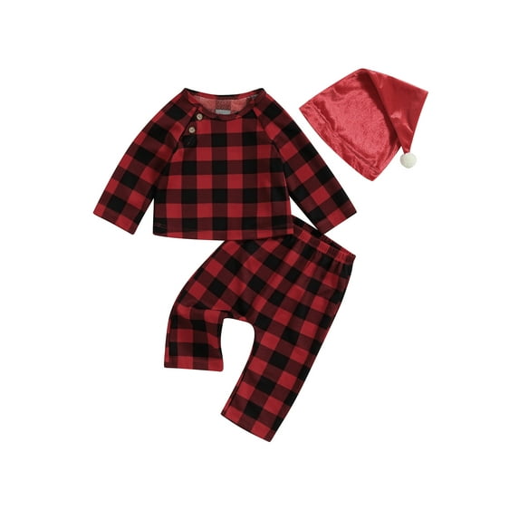 Wassery Baby Christmas Clothes for Boys Girls 6M 12M 18M 24M Infant Newborn 3Pcs Fall Outfit Plaid Print Long Sleeve Round Neck Tops Pants Hat Set
