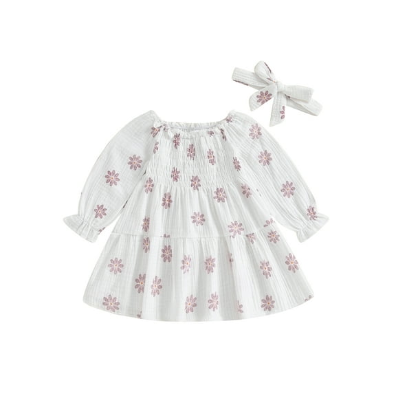 Wassery Baby Girl 2Pcs Outfits Dress Off Shoulder Long Sleeve Floral Print Dress Smocked Dress with Headband