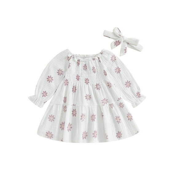 Wassery Baby Girl 2Pcs Outfits Dress Off Shoulder Long Sleeve Floral Print Dress Smocked Dress with Headband