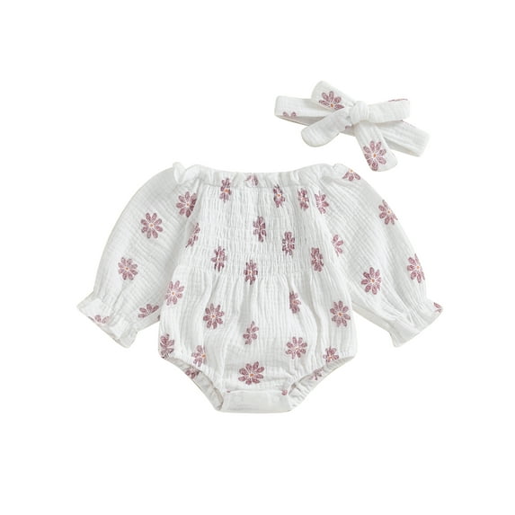 Wassery Baby Girl 2Pcs Outfits Dress Off Shoulder Long Sleeve Floral Print Dress Smocked Dress with Headband