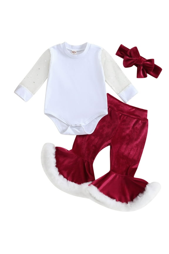 Baby Girl Christmas Outfits Clothes 6M 12M 18M 24M Toddler Long Sleeve Stars Romper +Flare Pants Headband Set 3Pcs Christmas Holiday-themed Clothing for Newborn Girls
