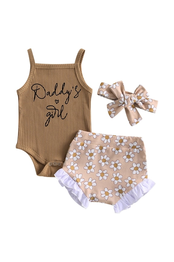 Baby Girl Clothes 3 6 12 18 Months Infant Girl Summer Shorts Set Letter Print Knit Rib Sleeveless Romper Floral Print Shorts Headband 3Pcs Set 0-18M