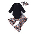 thumbnail image 1 of Wassery Baby Girl Fall Outfits 3 6 12 18 24 Months Infant Girls 3Pcs Halloween Clothes Set Long Sleeve Rompers Pumpkin Checkerboard Print Flare Pant Headband 0-24M, 1 of 9