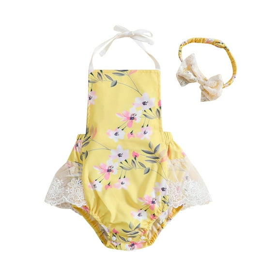 Wassery Baby Girl Summer Outfits Sleeveless Halter Floral Print Romper 3 6 12 18 Months Infant Girls Casual Jumpsuit with Headband Set 2Pcs Clothes