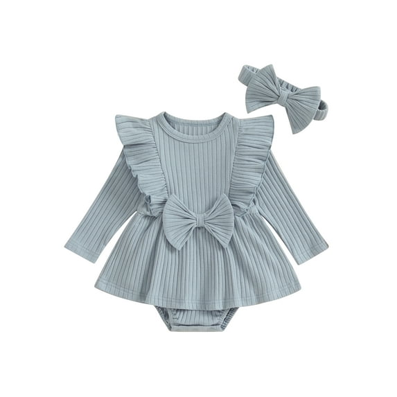 Wassery Baby Girls 2Pcs Autumn Clothes 3 6 9 12 18 Months Infant Girls Long Sleeve Ribbed Bow A-line Romper Dress + Headband Set 0-18M Newborn Girl Fall Clothing