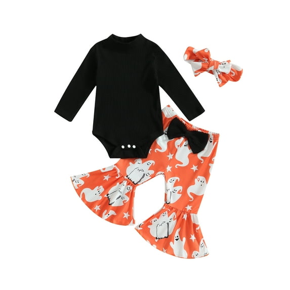 Wassery Baby Girls 3PCS Halloween Pants Sets Long Sleeve Ribbed Romper Sweatshirts Ghost Print Flared Pants Headband Sets 3 6 12 18 Months Infant Girls Fall Clothes