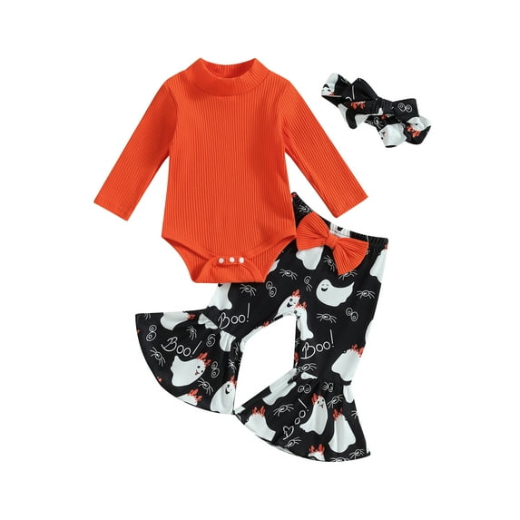 Wassery Baby Girls 3PCS Halloween Pants Sets Long Sleeve Ribbed Romper Sweatshirts Ghost Print Flared Pants Headband Sets 3 6 12 18 Months Infant Girls Fall Clothes