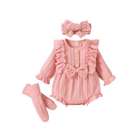 Wassery Baby Girls 3Pcs Fall Outfits Set Long Sleeve Button Ruffle Romper + Socks + Headband Set 3 6 9 12 Months Infant Casual Clothes