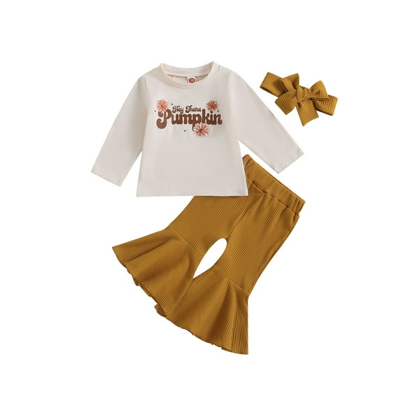 Wassery Baby Girls 3Pcs Halloween Outfits Set Long Sleeve Letter Print Tops   Bell Bottoms   Headband Toddler Fall Casual Clothes 12M-4T