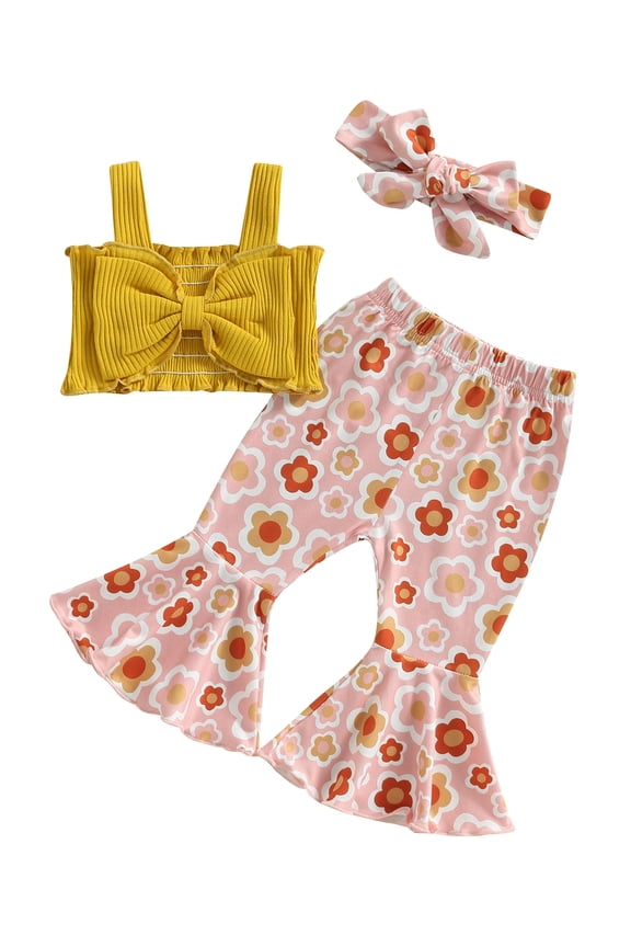 Baby Girls 3Pcs Summer Outfits 6 12 18 24 Months Infant Girls Sleeveless Bow Front Tops + Floral Bell Bottoms + Headband Set