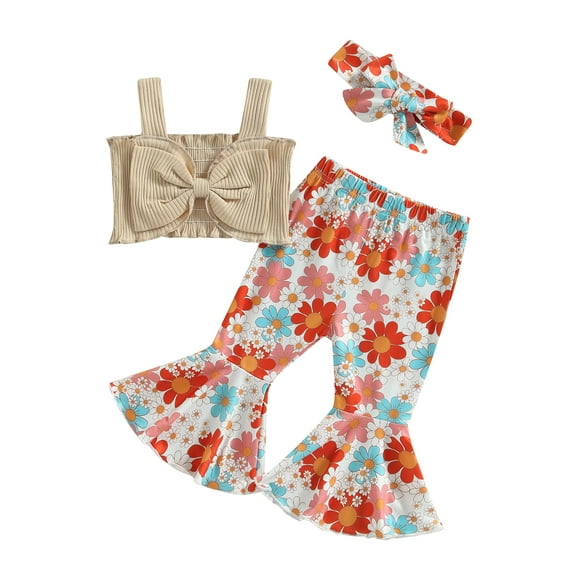 Wassery Baby Girls 3Pcs Summer Outfits 6 12 18 24 Months Infant Girls Sleeveless Bow Front Tops   Floral Bell Bottoms   Headband Set