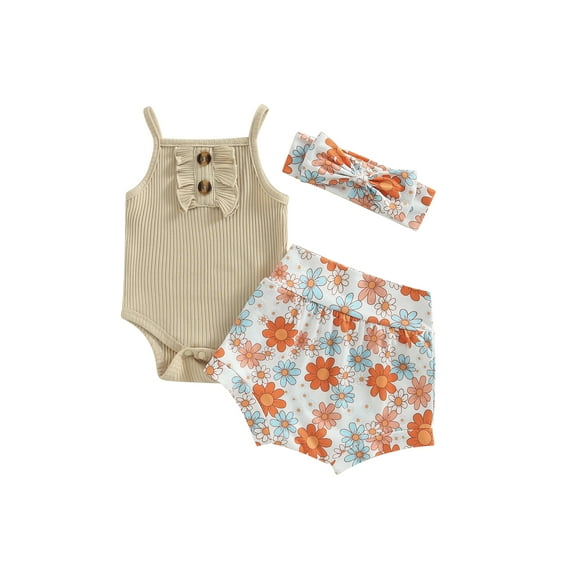 Wassery Baby Girls 3Pcs Summer Outfits Spaghetti Strap Knited Romper Tops   Floral Shorts   Headband Set 3M 6M 12M 18M Infant Girls Shorts Set