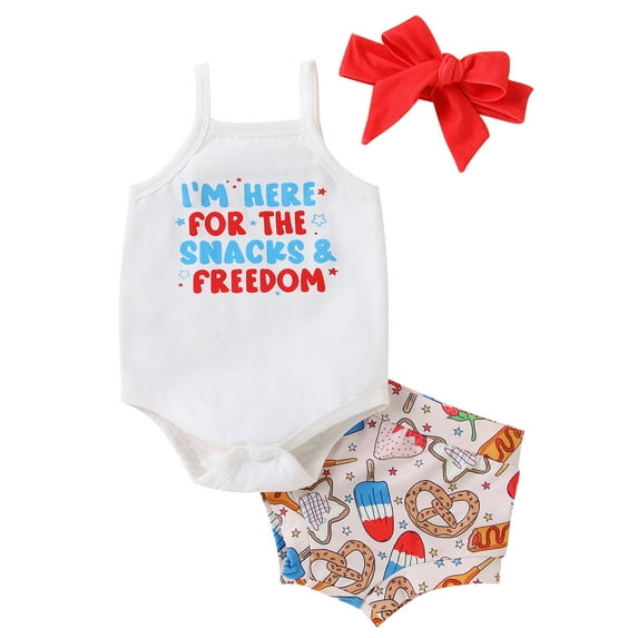 Wassery Baby Girls 4th of July Clothes Infant 3Pcs Summer Outfits Independence Day Sleeveless Romper Dessert Shorts Headband 3 6 12 18 24 Months Newborn Clothes Set