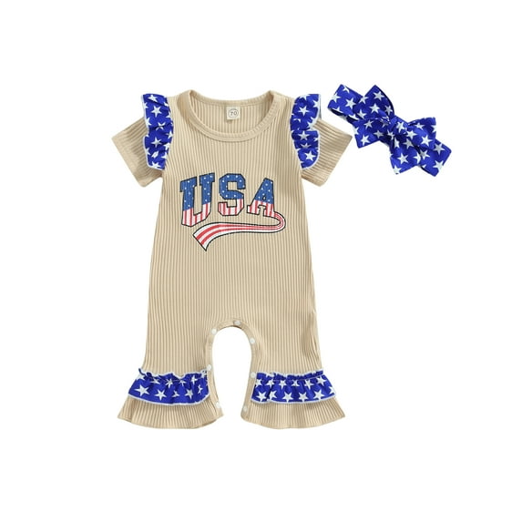 Wassery Baby Girls 4th of July Outfits Romper Pants 3 6 12 18 Months Infant Girls Short Sleeve Stars/Striped Patchwork Romper with Headband for Independence Day 3M-18M