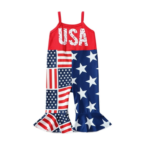 Wassery Baby Girls 4th of July Romper Pants Sleeveless American Flag Stars Print Long Jumpsuit Bell-Bottoms Pants Toddler Girls Summer Independence Day Clothes 6M-4T