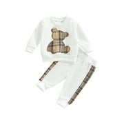 Wassery Baby Girls Autumn Clothes 3 6 9 12 18 24 Months Infant Plaid Bear Print Long Sleeve Pullover Sweatshirt Elastic Waist Long Pants Set Newborn Outfits Tracksuits Set 0-24M