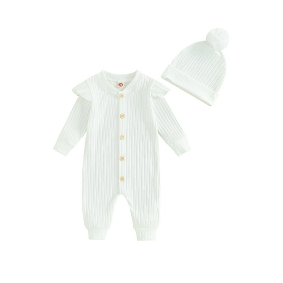 Wassery Baby Girls Autumn Footie Jumpsuit Ruffle Long Sleeve Crew Neck Button Down Romper + Hat 6M 12M 18M 24M Infant Girls Clothes