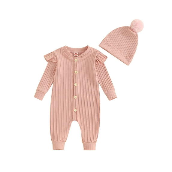 Wassery Baby Girls Autumn Footie Jumpsuit Ruffle Long Sleeve Crew Neck Button Down Romper + Hat 6M 12M 18M 24M Infant Girls Clothes