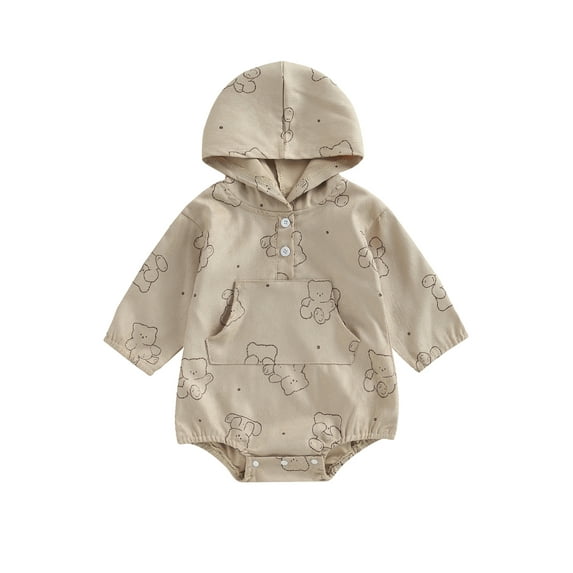 Wassery Baby Girls Boys Clothes Bear Print Hooded Long Sleeve Sweatshirt Romper Infant Boy Hoodies Jumpsuits 3 6 9 12 18 24 Months Newborn Girl Spring Fall Casual Bodysuits