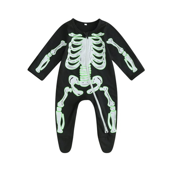 Wassery Baby Girls Boys Footies Rompers Halloween Clothes Long Sleeve Pumpkin Face/Skeleton Print Zipper Jumpsuit Toddler Fall Bodysuits 0-18 Months