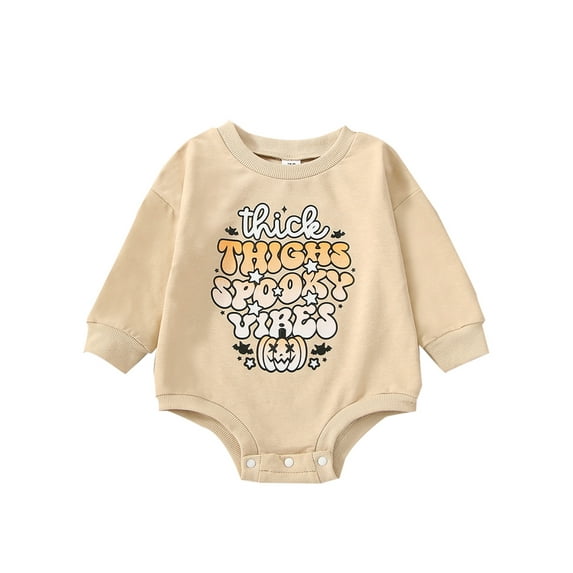 Wassery Baby Girls Boys Halloween Romper Beige Long Sleeve Letter Pumpkin Print Jumpsuit 3M 6M 12M 18M 24M Infant Fall Casual Pullovers 0-24M
