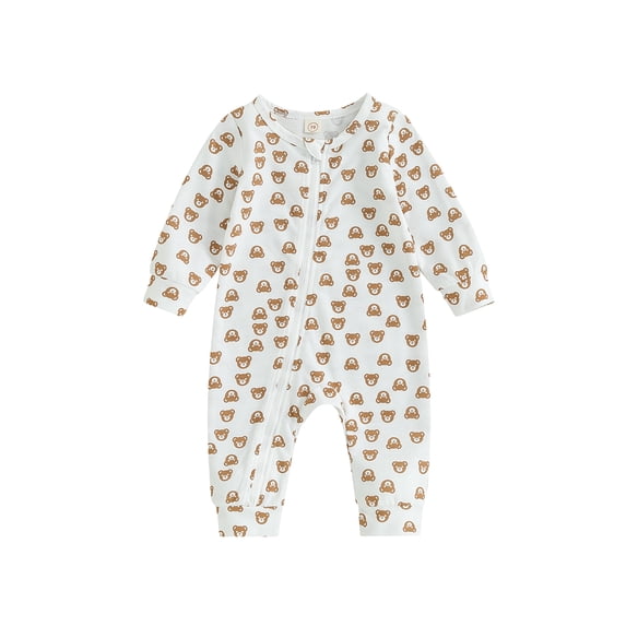 Wassery Baby Girls Boys Jumpsuit Long Sleeve Crew Neck Bear Print Zipper Closure Romper 3M 6M 9M 12M Infant Cute One Piece Clothes
