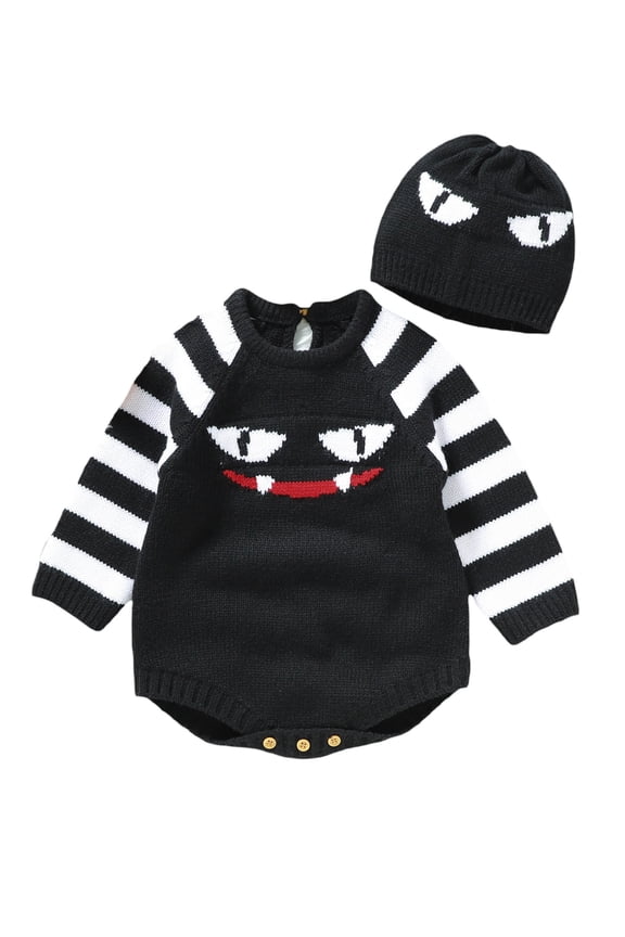 Baby Girls Boys Sweater Rompers 3 6 9 12 18 Months Infant 2Pcs Halloween Outfits Long Sleeve Cat Face Print Jumpsuit with Beanie Hat Set Newborn Clothes