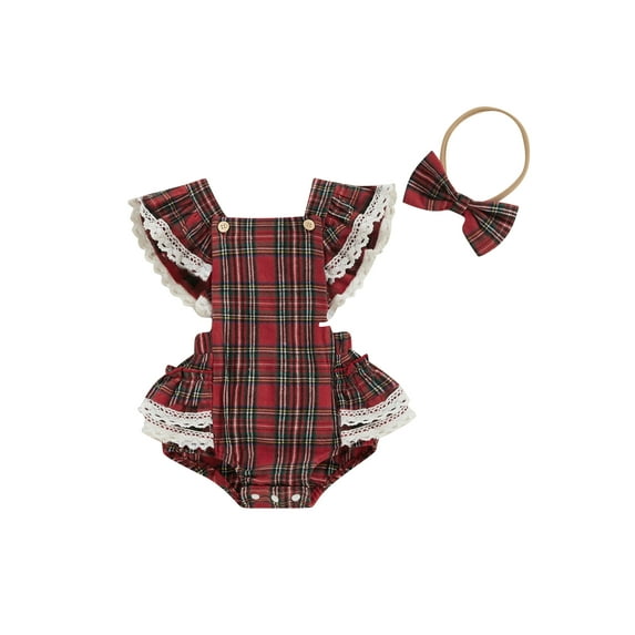 Wassery Baby Girls Christmas Clothes Infant Fly Sleeve Lace Trim Plaid Print Bodysuits with Headband 0-18M Newborn Fall Romper Playsuits