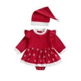 thumbnail image 1 of Wassery Baby Girls Christmas Outfit 3M 6M 9M 12M 18M Infant Girls Christmas Romper Dress Long Sleeve Crew Neck Snow Patchwork Romper Dress Hat Set, 1 of 8