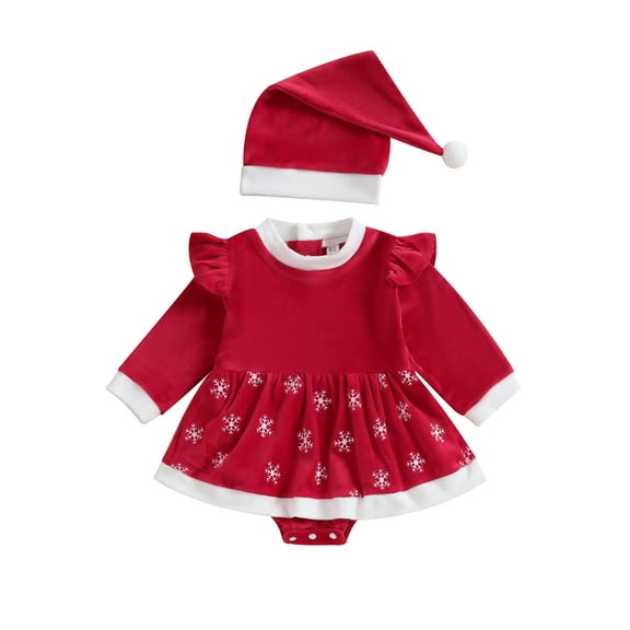 Wassery Baby Girls Christmas Outfit 3M 6M 9M 12M 18M Infant Girls Christmas Romper Dress Long Sleeve Crew Neck Snow Patchwork Romper Dress Hat Set