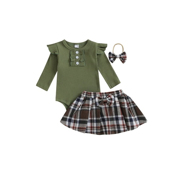 Wassery Baby Girls Christmas Outfits 3M 6M 9M 12M Infant Girls Long Sleeve Romper + Plaid Skirt + Headband Set 3PCS Newborn Girls Fall Clothes