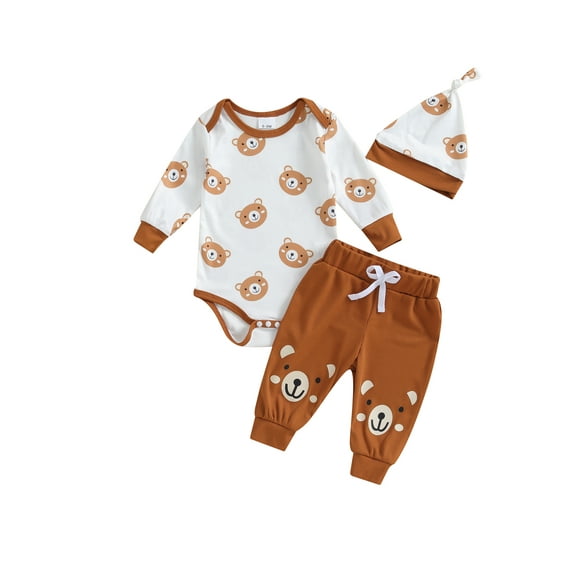 Wassery Baby Girls Clothes 3M 6M 9M 12M 18M Infant Girl Long Sleeve Bear Print Romper Drawstring Pants Hat 3PCS Fall Clothing for Newborn Girls