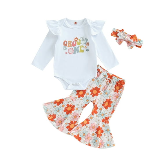 Wassery Baby Girls Clothes White 6 12 18 24 Months Infant Long Sleeve Letter Print Romper Tops + Floral Bell Bottoms + Headband 3Pcs Fall Casual Outfit Sets for Newborn 0-24M