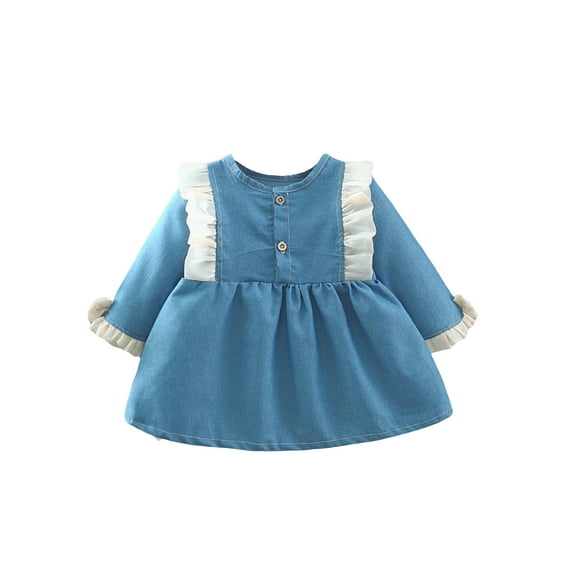 Wassery Baby Girls Denim Dress Crew Neck Long Sleeve Frills Patchwork Buttons Jean Dress Toddler Girls Fall Casual A-line Dress