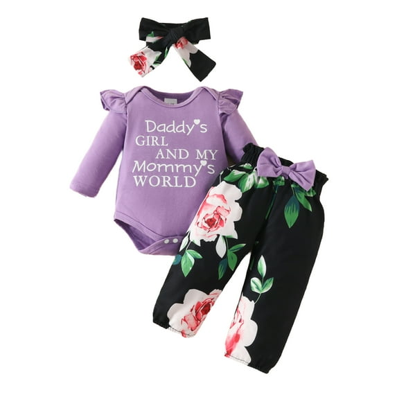Wassery Baby Girls Fall 2 Piece Outfits Long Sleeve Letters Print Romper and Flower Print Pants and Headband 3 6 9 12 18 Months Infant Clothing Set 0-18M