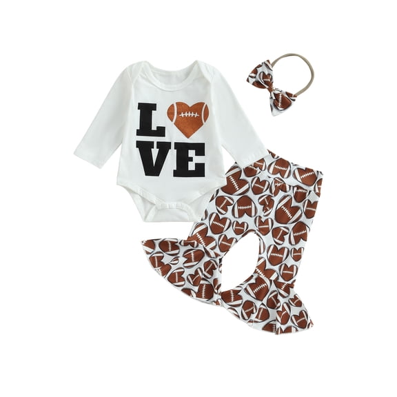 Wassery Baby Girls Fall Clothes Long Sleeves Letter Print Romper Football Flared Pants Headband 3 6 12 18 Months Infant 3 Pieces Pants Outfits