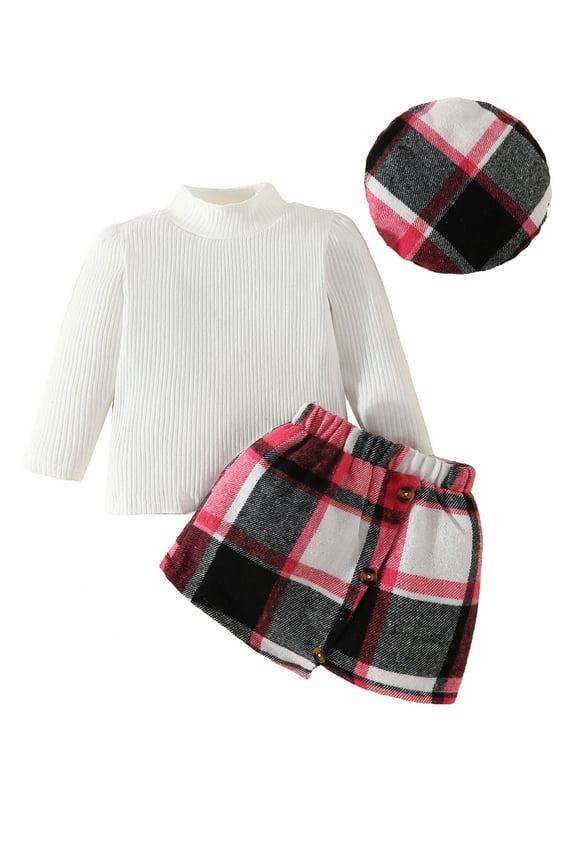 Baby Girls Fall Outfits Clothes 6M 9M 12M 18M 24M 3T Kids Girls Solid Color Ribbed Tops and Plaid Mini Skirt Hat 3Pcs Toddler Girl Autumn Winter Clothing Set