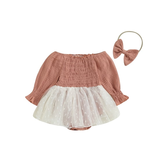 Wassery Baby Girls Fall Romper Dress Infant Girls Long Sleeve Mesh Patchwork Bodysuits Headband 3M 6M 12M 18M Newborn Girls Autumn Onesie Clothing