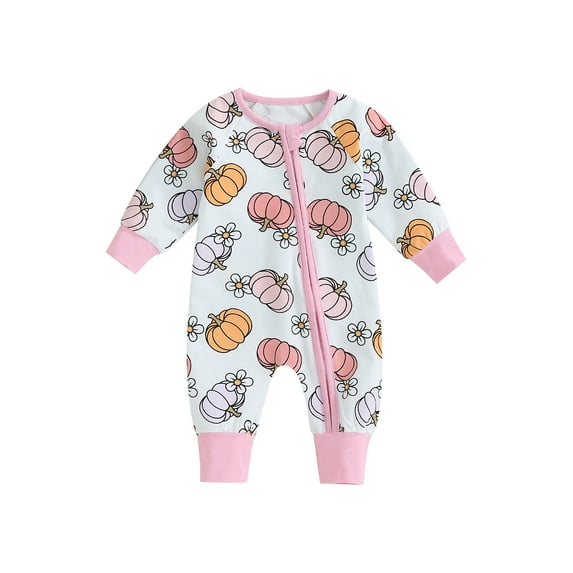 Wassery Baby Girls Footies Rompers Long Sleeve Floral Pumpkin Print Zipper Jumpsuit 3 6 12 Months Newborn Infant Fall Bodysuits Playsuits