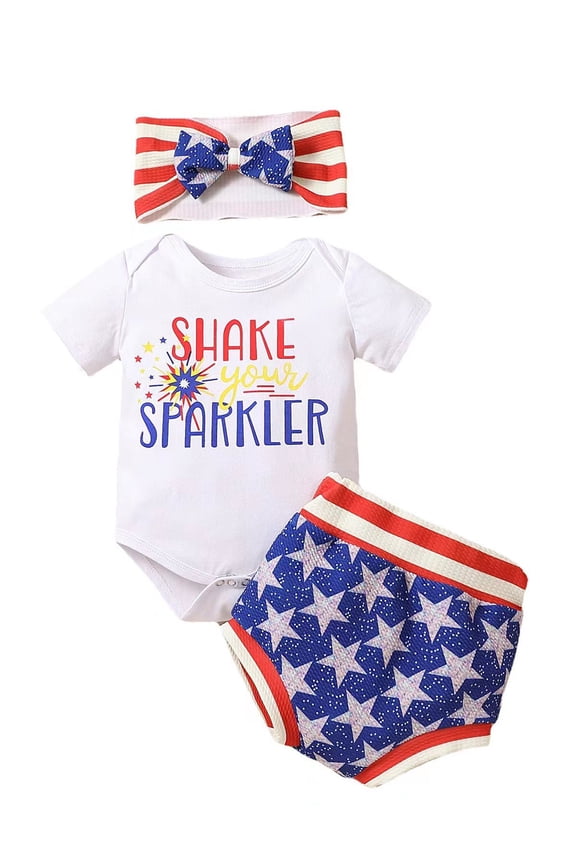 Baby Girls Fourth of July Outfits Short Set 6 9 12 18 Months Infant Girls Americana Clothing Short Sleeve Firework Letter Print Romper + Shorts + Headband Set Summer Independence Day Clothes