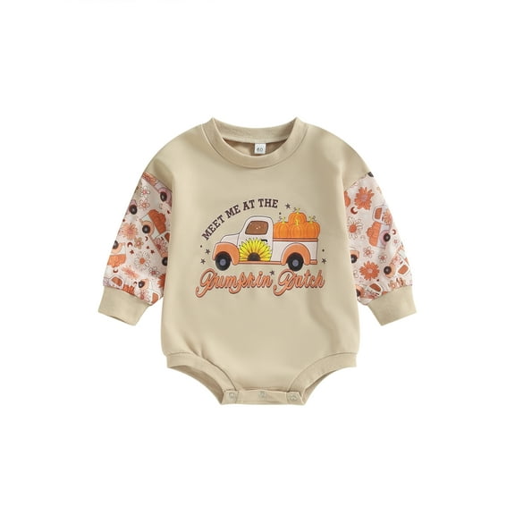 Wassery Baby Girls Halloween Clothes 6M 12M 18M 24M Infant Girl Long Sleeve Round Neck Pumpkin Print Pullovers Jumpsuits Fall Casual Outfit for Newborn 0-24M