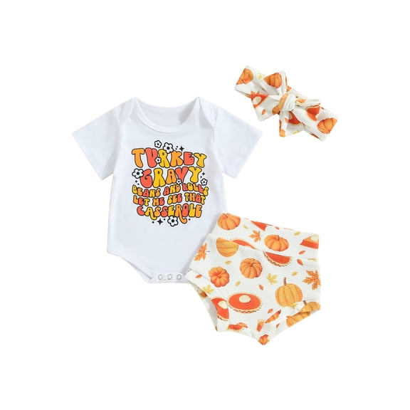 Wassery Baby Girls Halloween Clothes Letter Print Short Sleeve Romper and Pumpkin Print Shorts Headband 3 6 12 18 Months Infant Summer Outfits