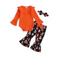 thumbnail image 1 of Wassery Baby Girls Halloween Clothes Long Sleeve Ribbed Romper Ghost Pumpkin Print Flared Pants Headband 3 6 9 12 18 Months Newborn Fall Winter Outfits Set, 1 of 8