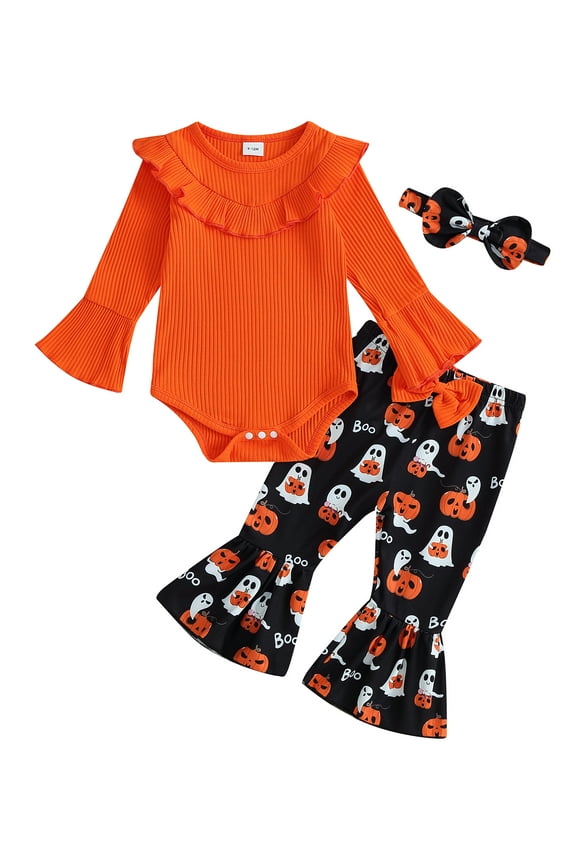 Baby Girls Halloween Clothes Long Sleeve Ribbed Romper Ghost Pumpkin Print Flared Pants Headband 3 6 9 12 18 Months Newborn Fall Winter Outfits Set