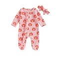 thumbnail image 1 of Wassery Baby Girls Halloween Outfits 3M 6M 9M 12M Infant Girls Pumpkin Print Bodysuit One Piece Playsuit Newborn Girls Long Sleeves Zipper Footed Romper Headband, 1 of 9