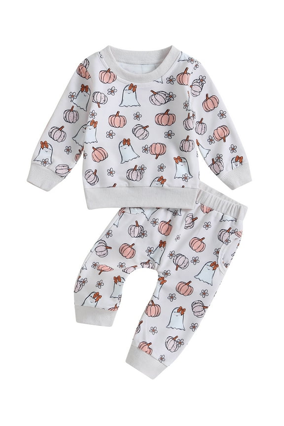 Baby Girls Halloween Outfits 6 12 18 24 Months Infant Girl Pumpkin Ghost Print Round Neck Long Sleeve Sweatshirt Tops + Pants Set Fall Casual Clothes