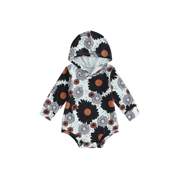 Wassery Baby Girls Hooded Sweatshirt Romper Long Sleeve Flower Print Hoodie Onesie Jumpsuits for Newborn Infant Fall Clothes 0-18 Months