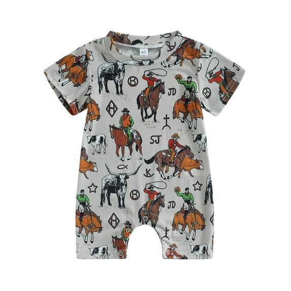 Wassery Baby Girls Jumpsuit Outfits Summer Short Sleeve Crew Neck Romper Cartoon Print Bodysuit for Infant Casual Clothes 0-18 Months