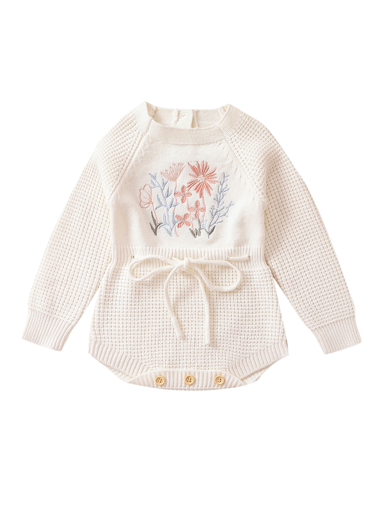 Wassery Baby Girls Knit Rompers Flower Print Crew Neck Long Sleeve Drawstring Onesies Infant Fall Jumpsuits Newborn Casual Bodysuits 0-24M