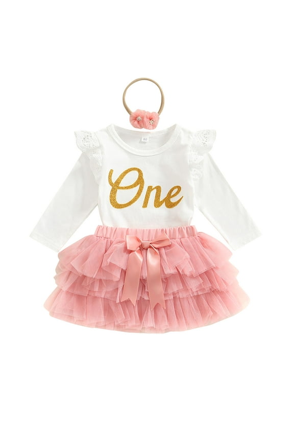 Baby Girls My 1st Birthday Outfits 6M 12M 18M Infant Long Sleeve Floral Lace Romper+ Tutu Skirt + Headband 3pcs Fall Clothes Set